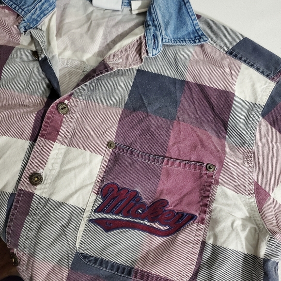 Vintage Mickey Mouse Plaid Denim Button Down Long Sleeve Shirt L/XL Purple Blue - Picture 5 of 8